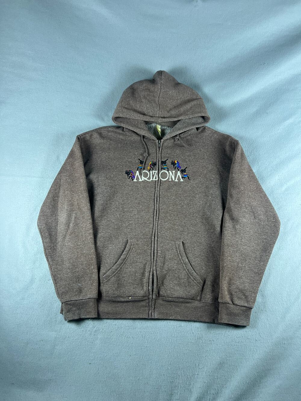 Vintage Arizona Kokopelli Hoodie Mens XL Brown Heathered Fleece Spellout Logo